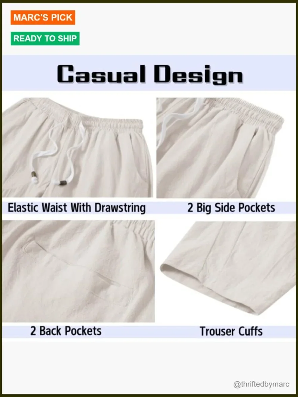 Men's Cotton Linen Capri Pants Elastic Waist Drawstring Loose Fit